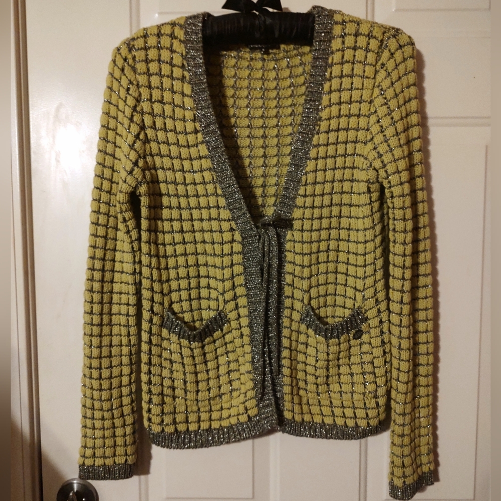 🌿🩶🌿 Gorgeous Chartreuse & Silver Metallic Open Weave Tie Cardigan - S - Picture 3 of 16